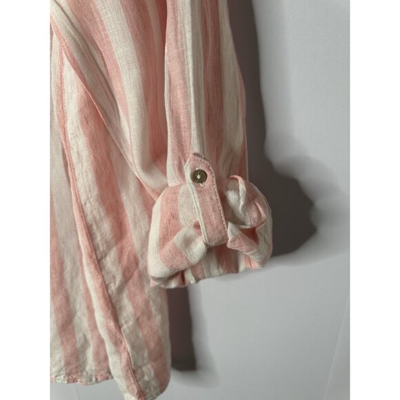 CC California Womens XL Linen Button Up Top Roll Tab Sleeves Pink Stripe Beachy - Picture 5 of 13